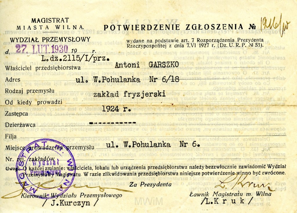 KKE 5825.jpg - Dok. Potwierdzenie zgłoszenia otwarcia Zakładu fryzjerskiego Antoniego Graszko, Wilno, 27 II 1930 r.